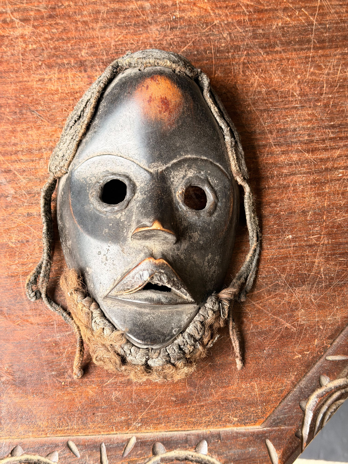 Vintage Dan Wood Mask Round Eyes Braided Fiber Hair Beard West African 8in