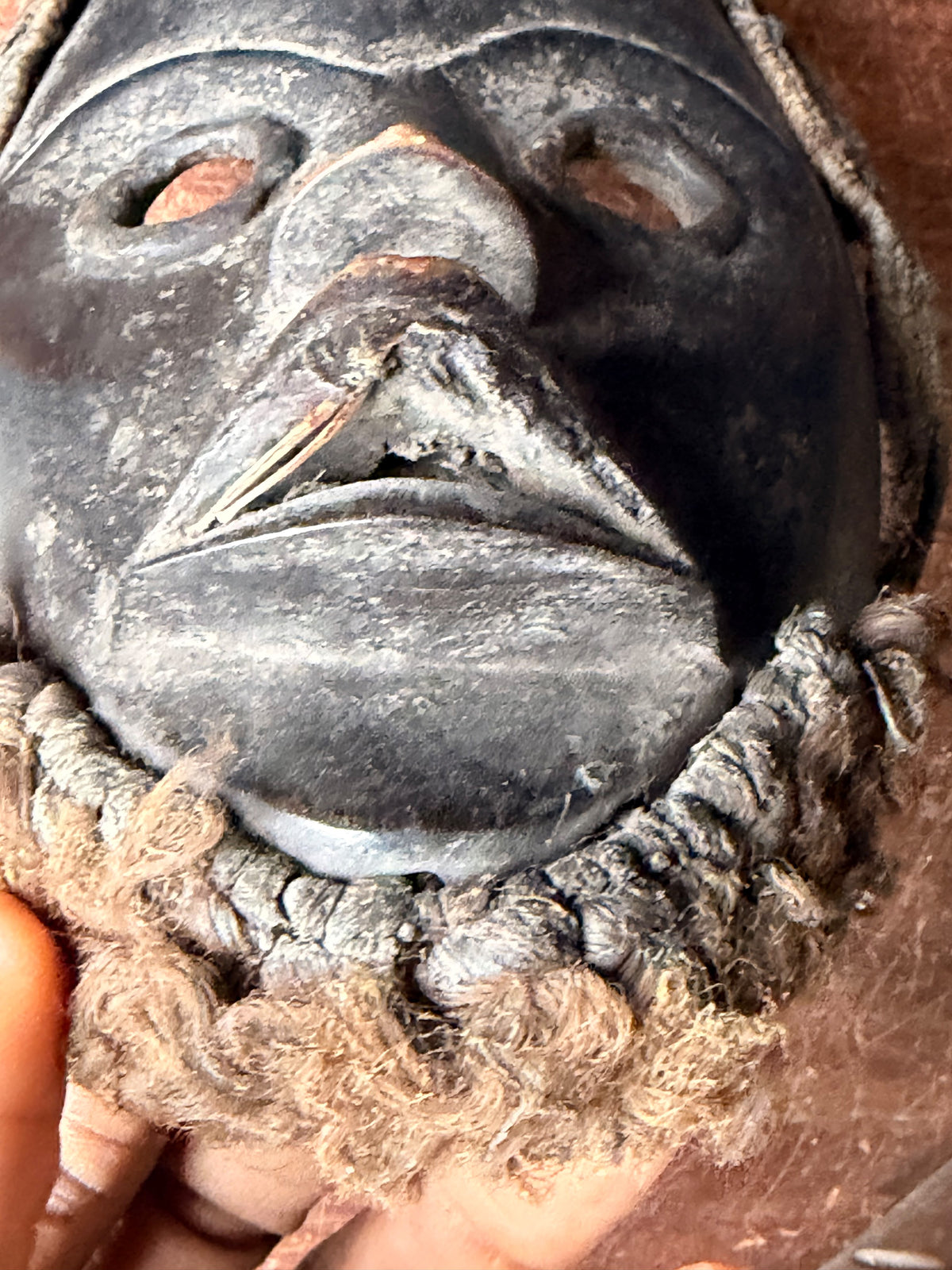 Vintage Dan Wood Mask Round Eyes Braided Fiber Hair Beard West African 8in
