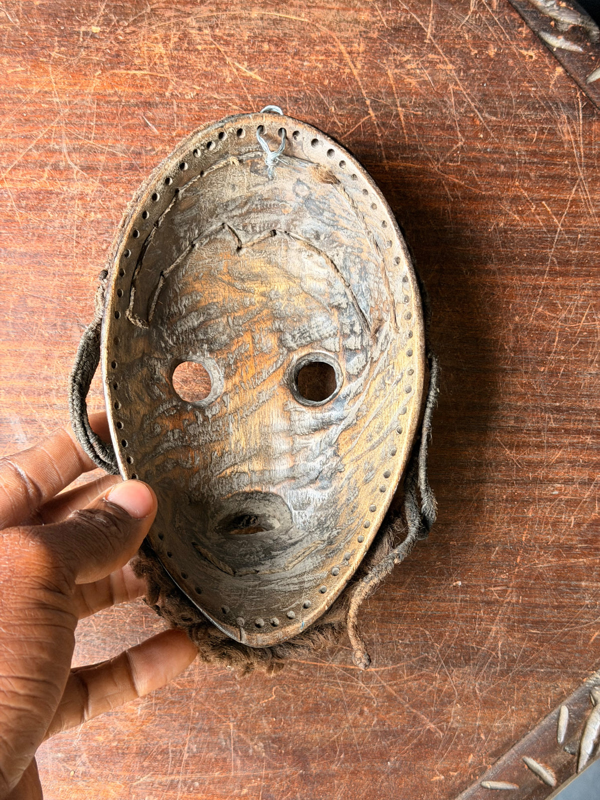 Vintage Dan Wood Mask Round Eyes Braided Fiber Hair Beard West African 8in