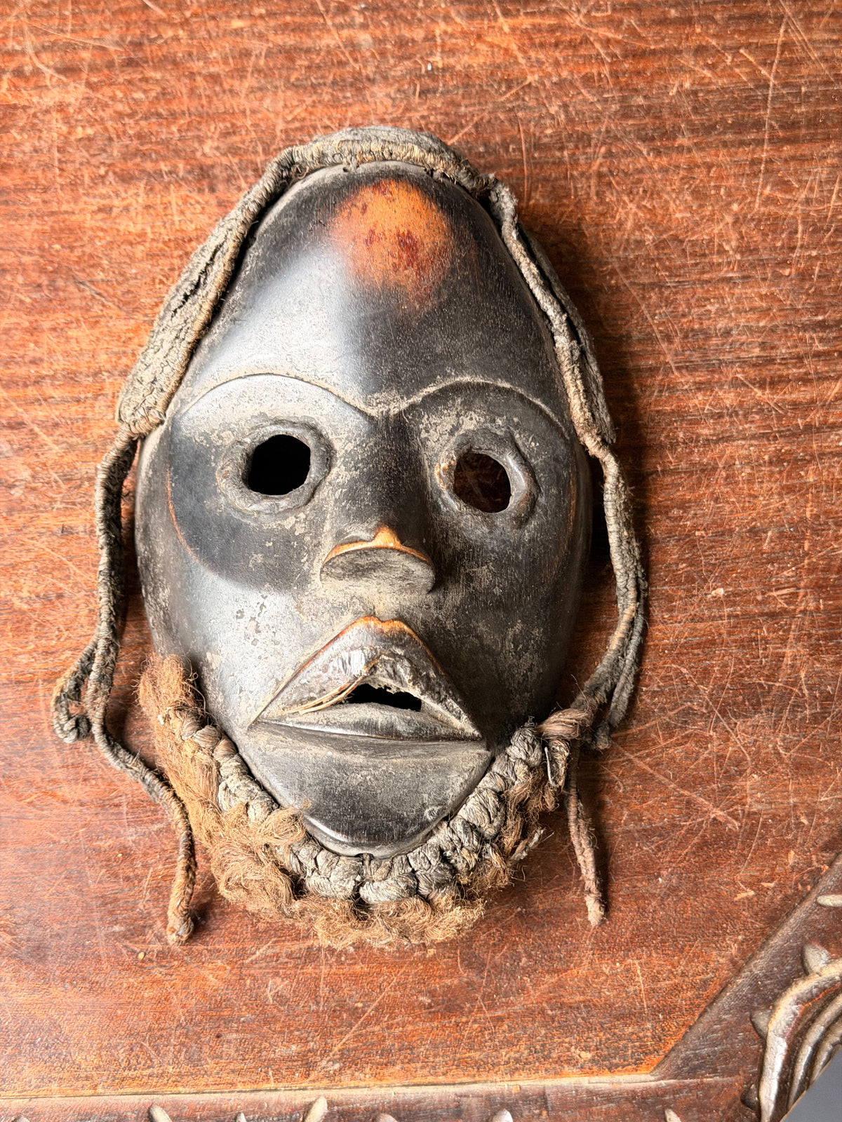 Vintage Dan Wood Mask Round Eyes Braided Fiber Hair Beard West African 8in