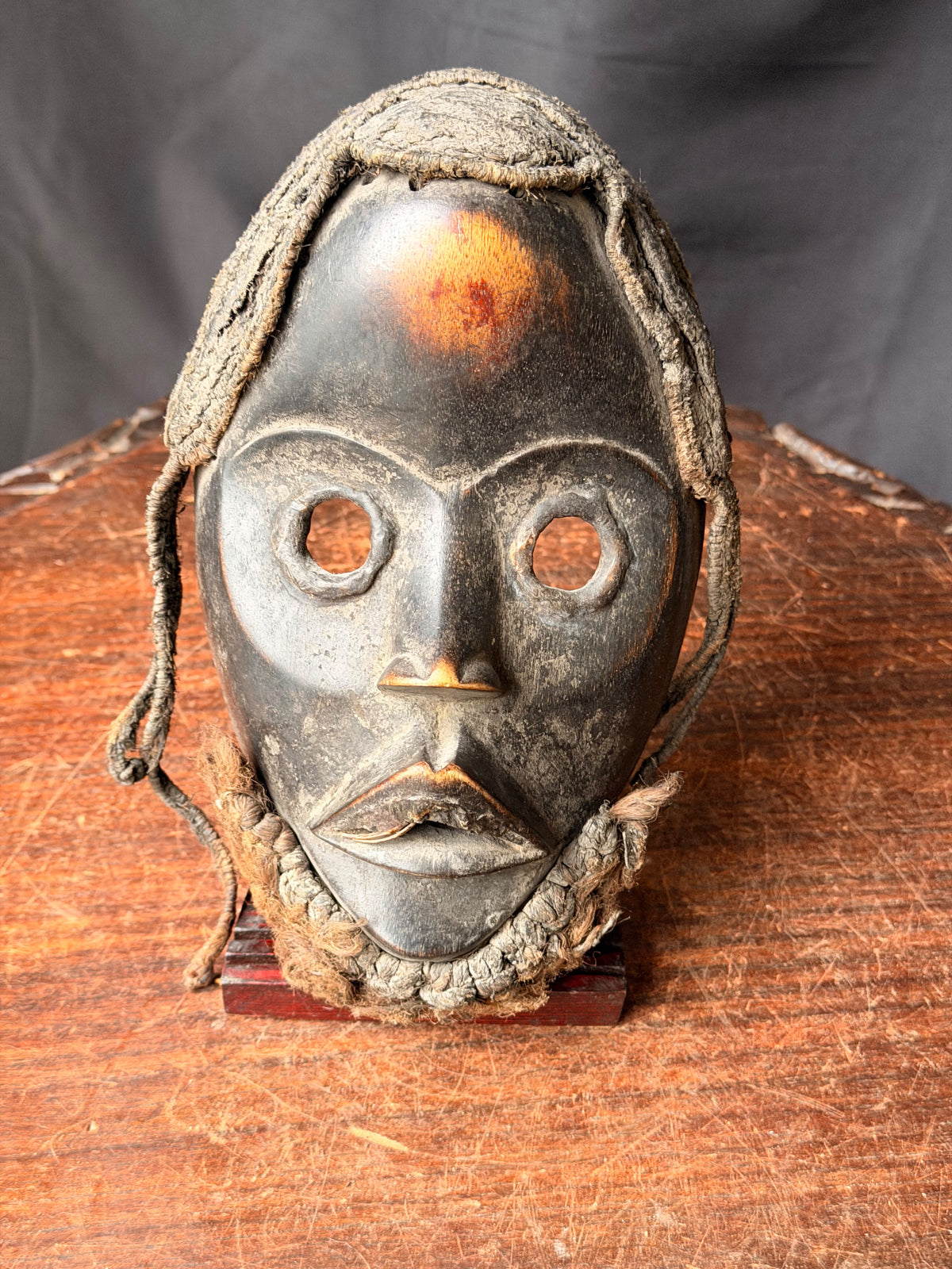 Vintage Dan Wood Mask Round Eyes Braided Fiber Hair Beard West African 8in
