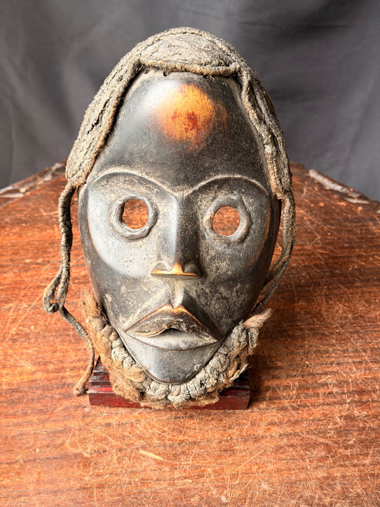 Vintage Dan Wood Mask Round Eyes Braided Fiber Hair Beard West African 8in
