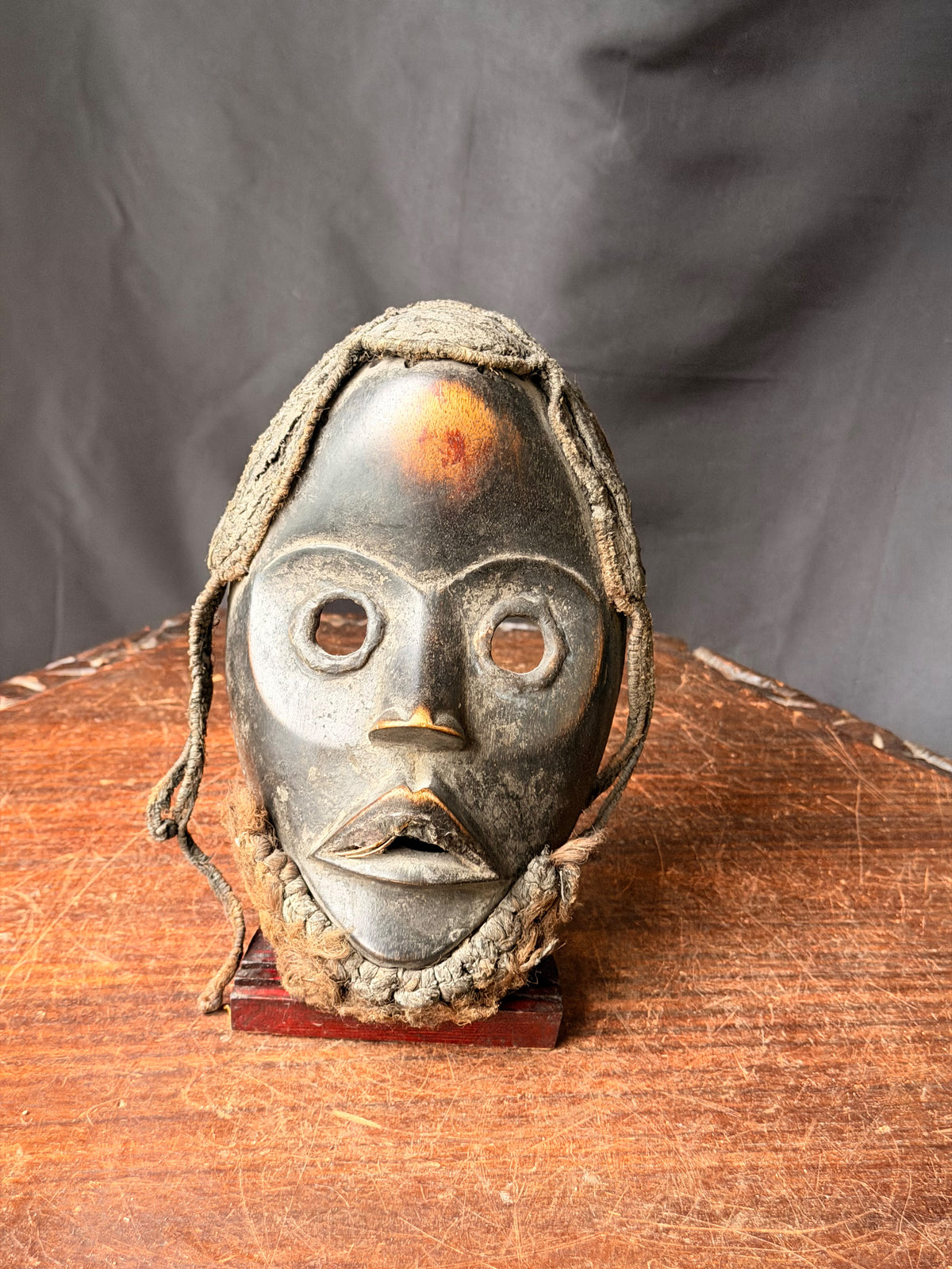 Vintage Dan Wood Mask Round Eyes Braided Fiber Hair Beard West African 8in