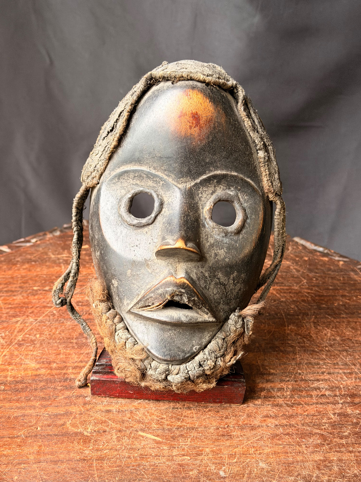 Vintage Dan Wood Mask Round Eyes Braided Fiber Hair Beard West African 8in