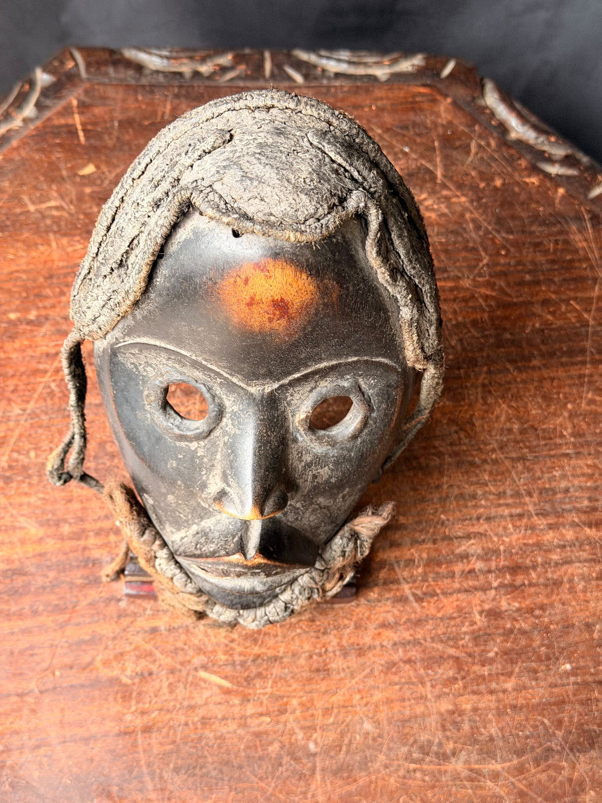 Vintage Dan Wood Mask Round Eyes Braided Fiber Hair Beard West African 8in