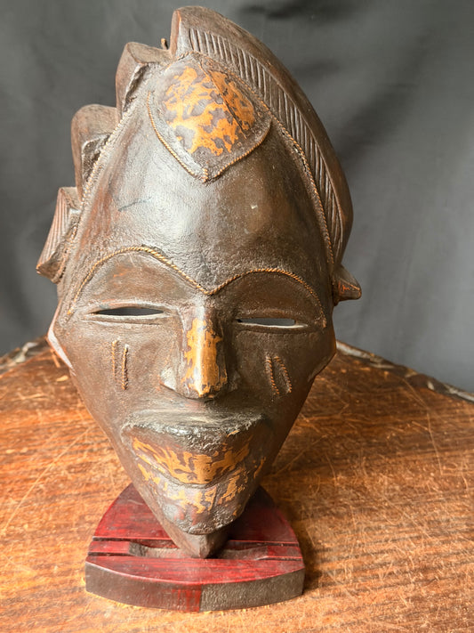 Vintage African Carved Wood Mask Copper Sheet Twisted Wire Inlay Crest 11in