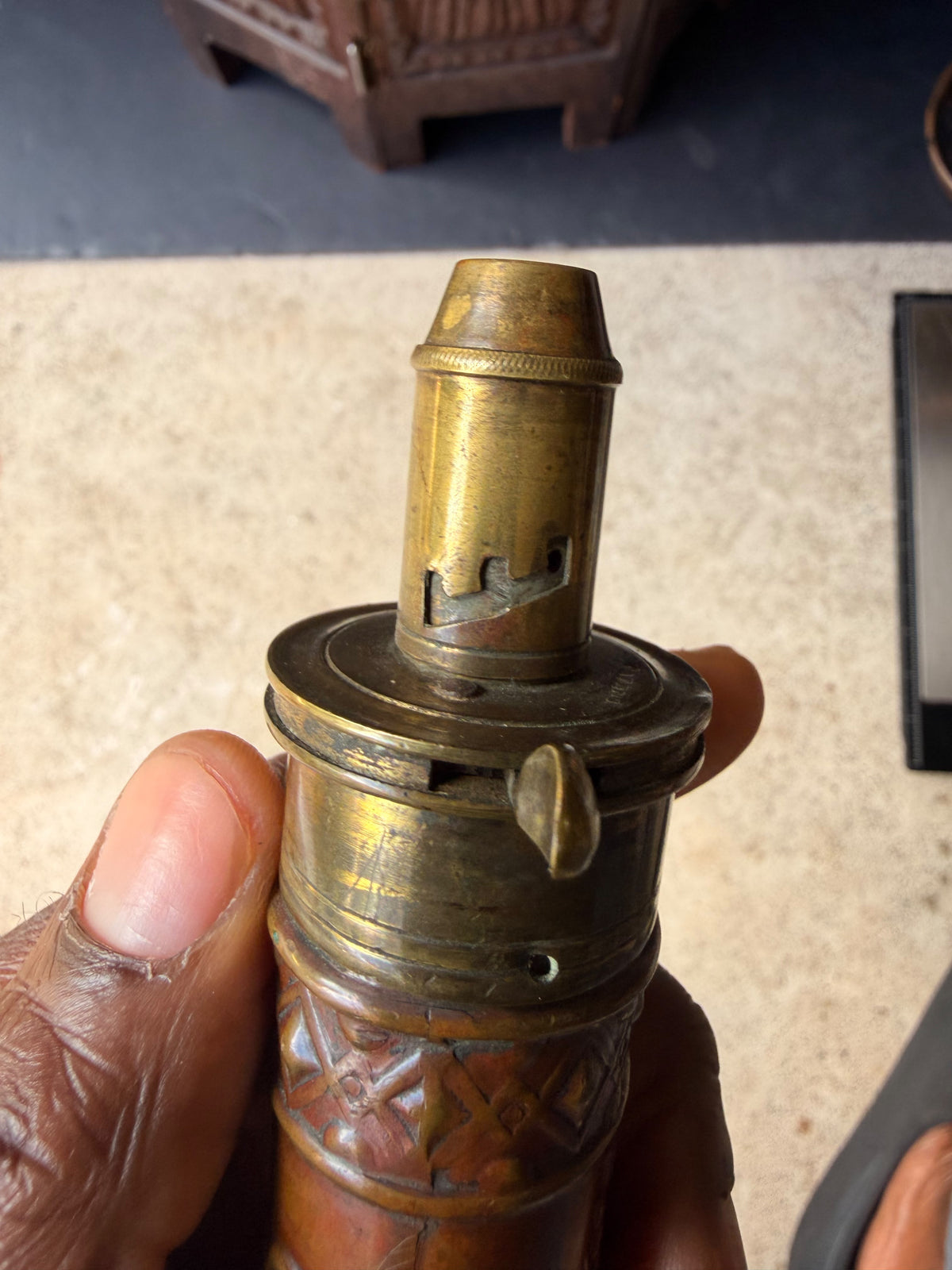 Antique Victorian Copper Brass Powder Flask Shell & Bush Embossed PATENT Top 8in