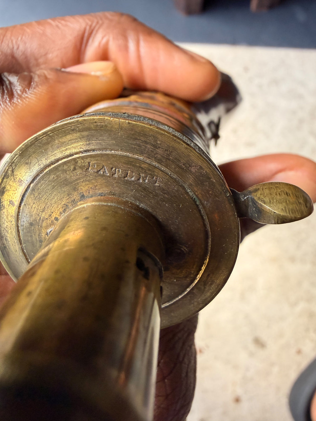 Antique Victorian Copper Brass Powder Flask Shell & Bush Embossed PATENT Top 8in