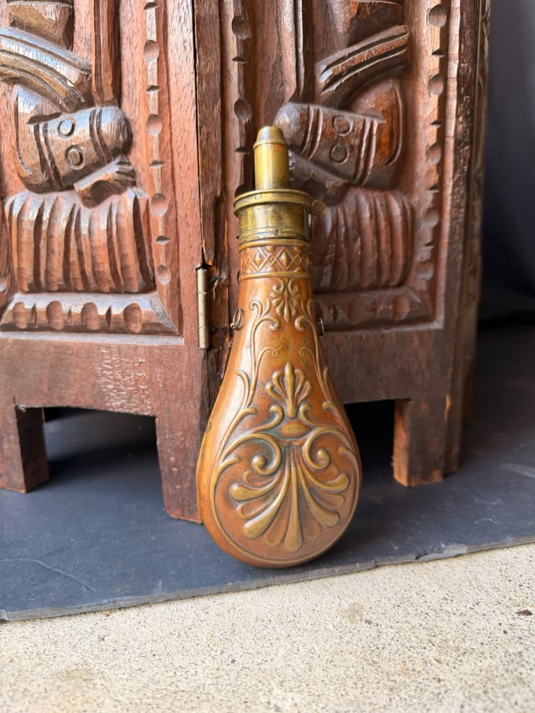 Antique Victorian Copper Brass Powder Flask Shell & Bush Embossed PATENT Top 8in