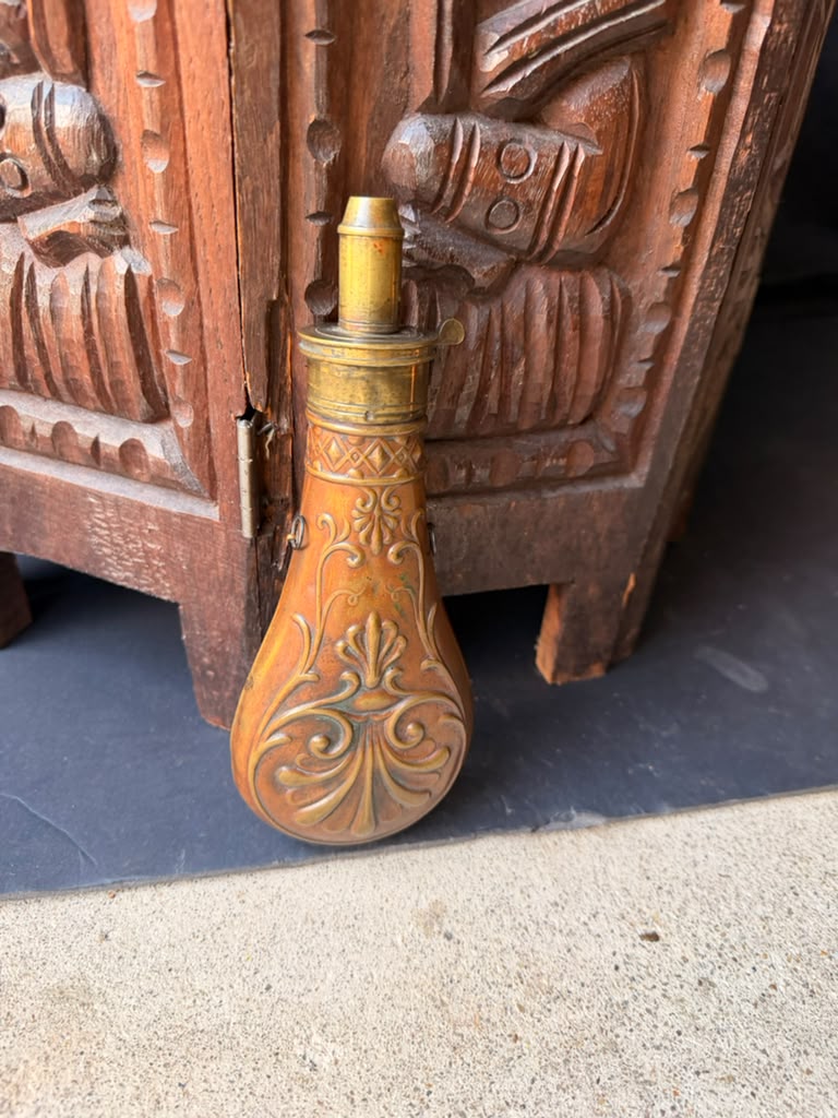 Antique Victorian Copper Brass Powder Flask Shell & Bush Embossed PATENT Top 8in