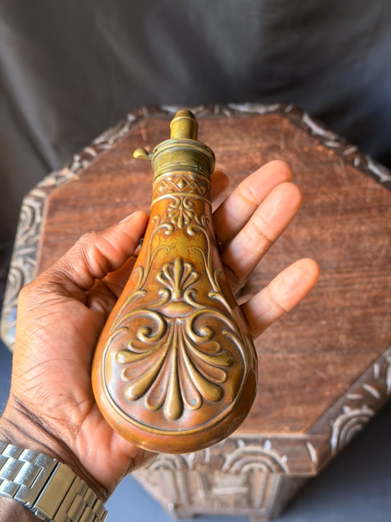 Antique Victorian Copper Brass Powder Flask Shell & Bush Embossed PATENT Top 8in
