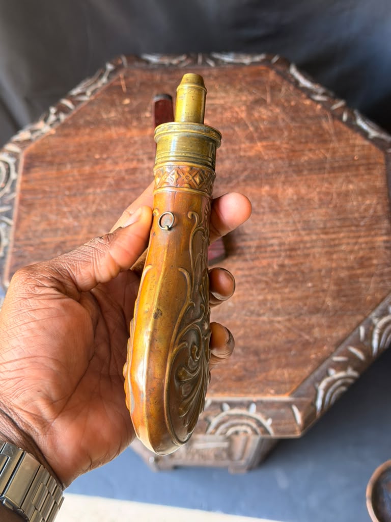 Antique Victorian Copper Brass Powder Flask Shell & Bush Embossed PATENT Top 8in