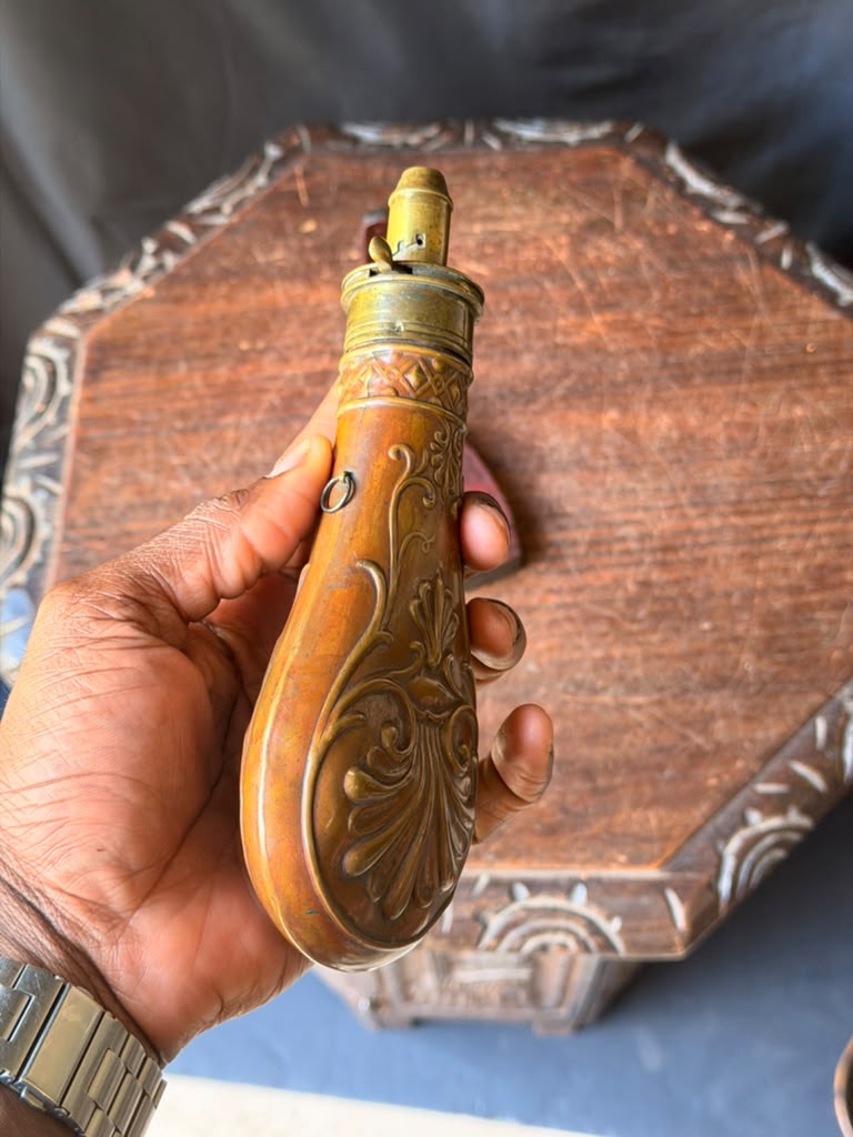 Antique Victorian Copper Brass Powder Flask Shell & Bush Embossed PATENT Top 8in