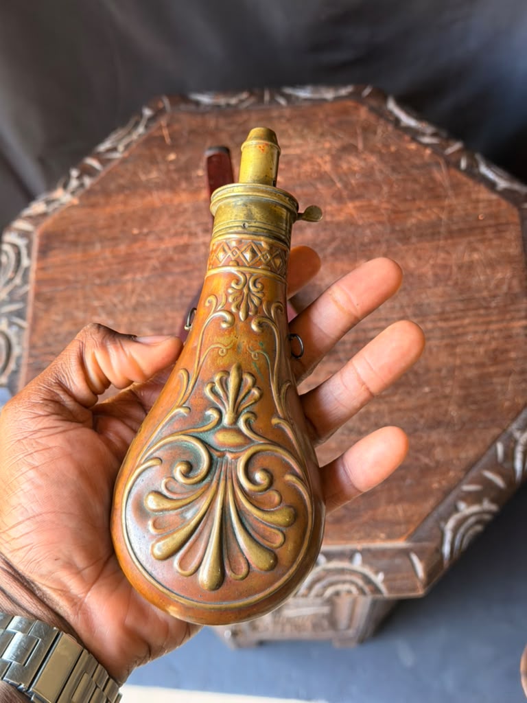 Antique Victorian Copper Brass Powder Flask Shell & Bush Embossed PATENT Top 8in