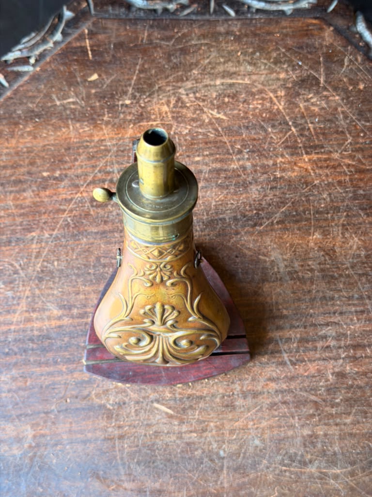 Antique Victorian Copper Brass Powder Flask Shell & Bush Embossed PATENT Top 8in