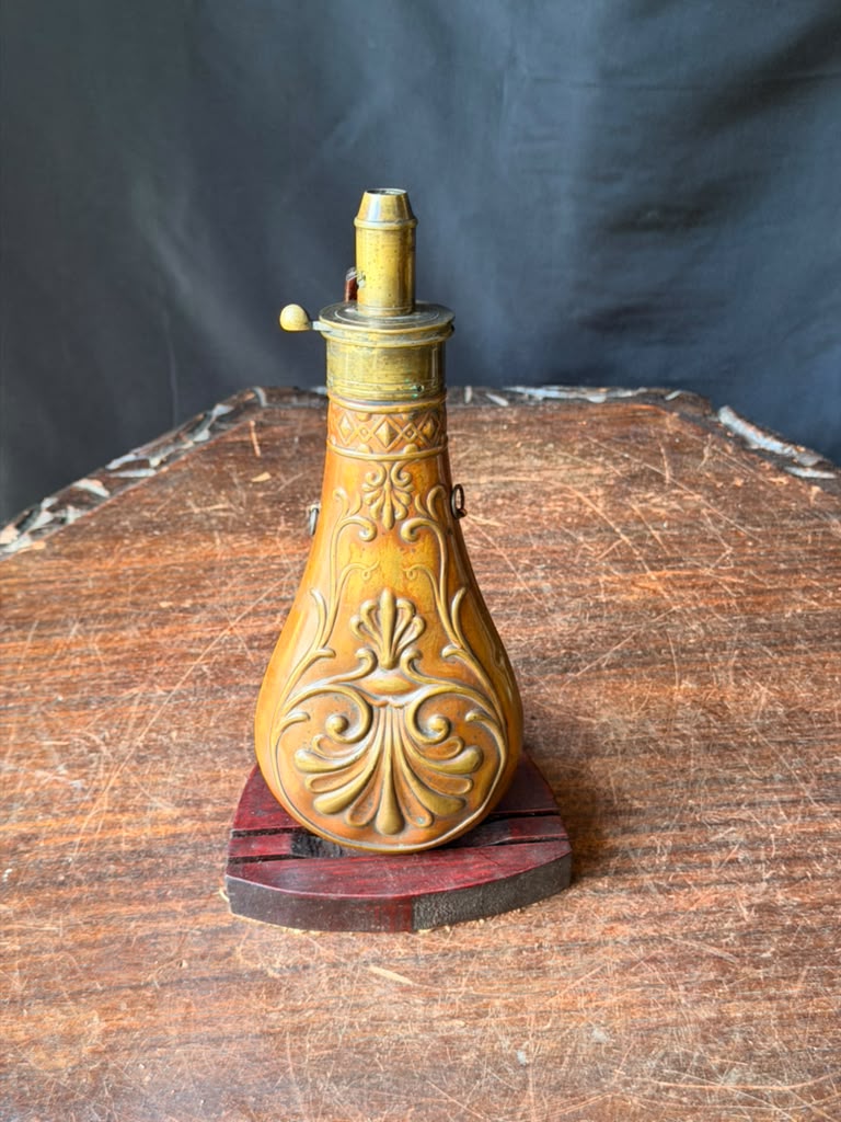 Antique Victorian Copper Brass Powder Flask Shell & Bush Embossed PATENT Top 8in