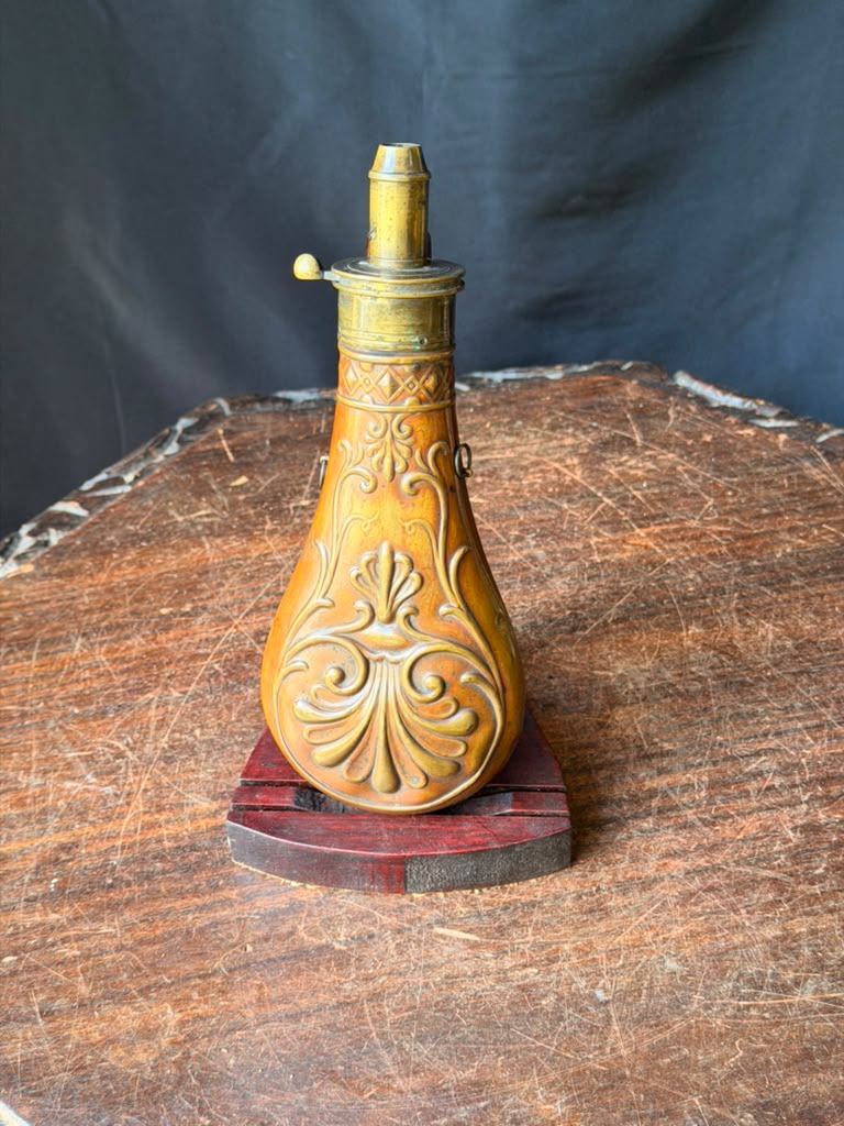 Antique Victorian Copper Brass Powder Flask Shell & Bush Embossed PATENT Top 8in