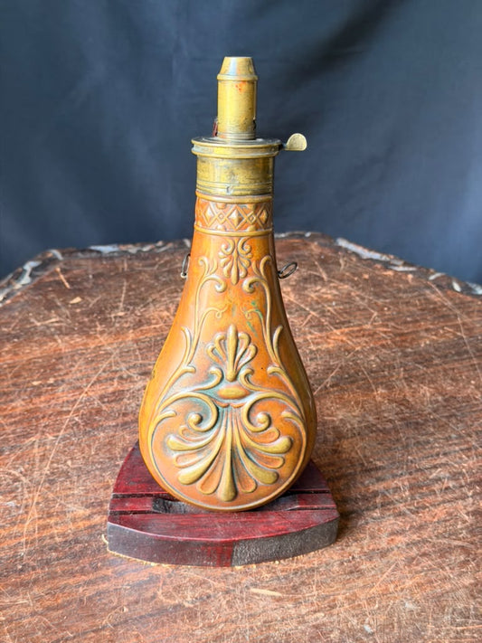Antique Victorian Copper Brass Powder Flask Shell & Bush Embossed PATENT Top 8in
