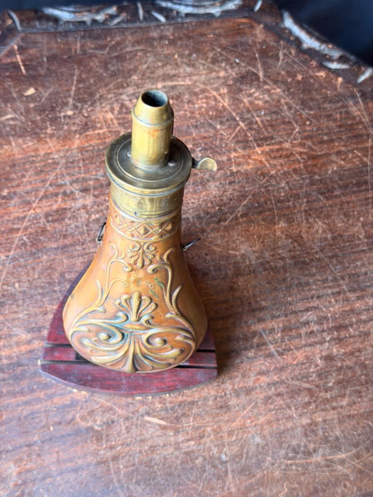 Antique Victorian Copper Brass Powder Flask Shell & Bush Embossed PATENT Top 8in