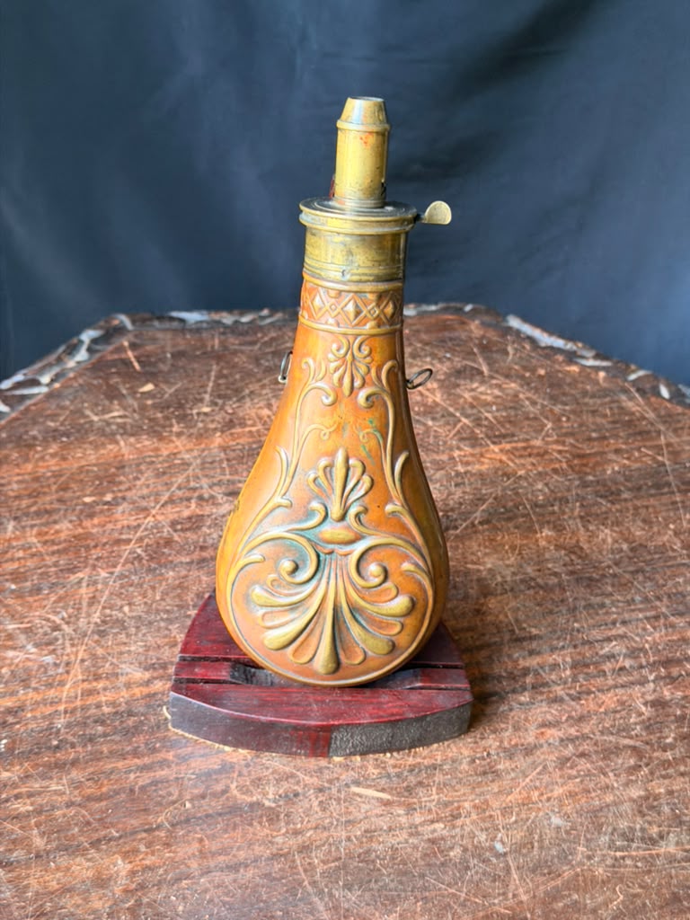 Antique Victorian Copper Brass Powder Flask Shell & Bush Embossed PATENT Top 8in
