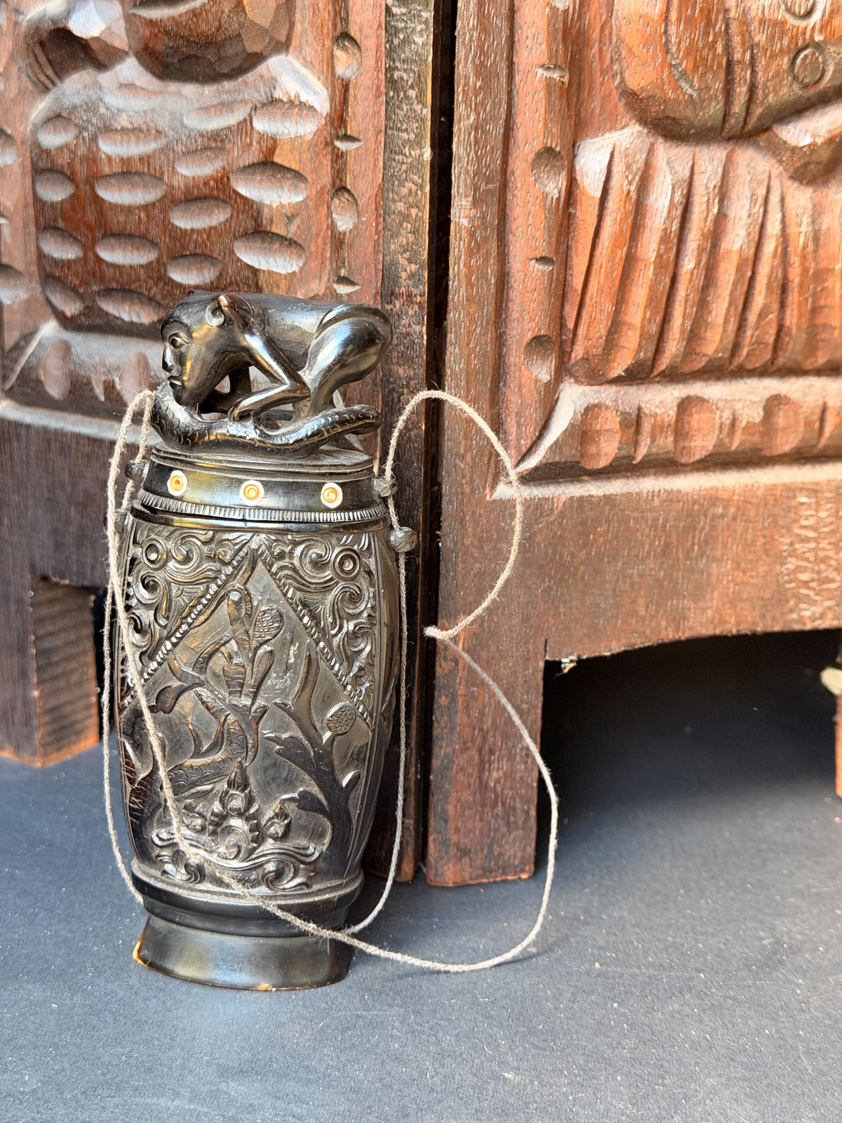 Vintage Balinese Carved Buffalo Horn Medicine Flask Monkey Naga Stopper 5.8in