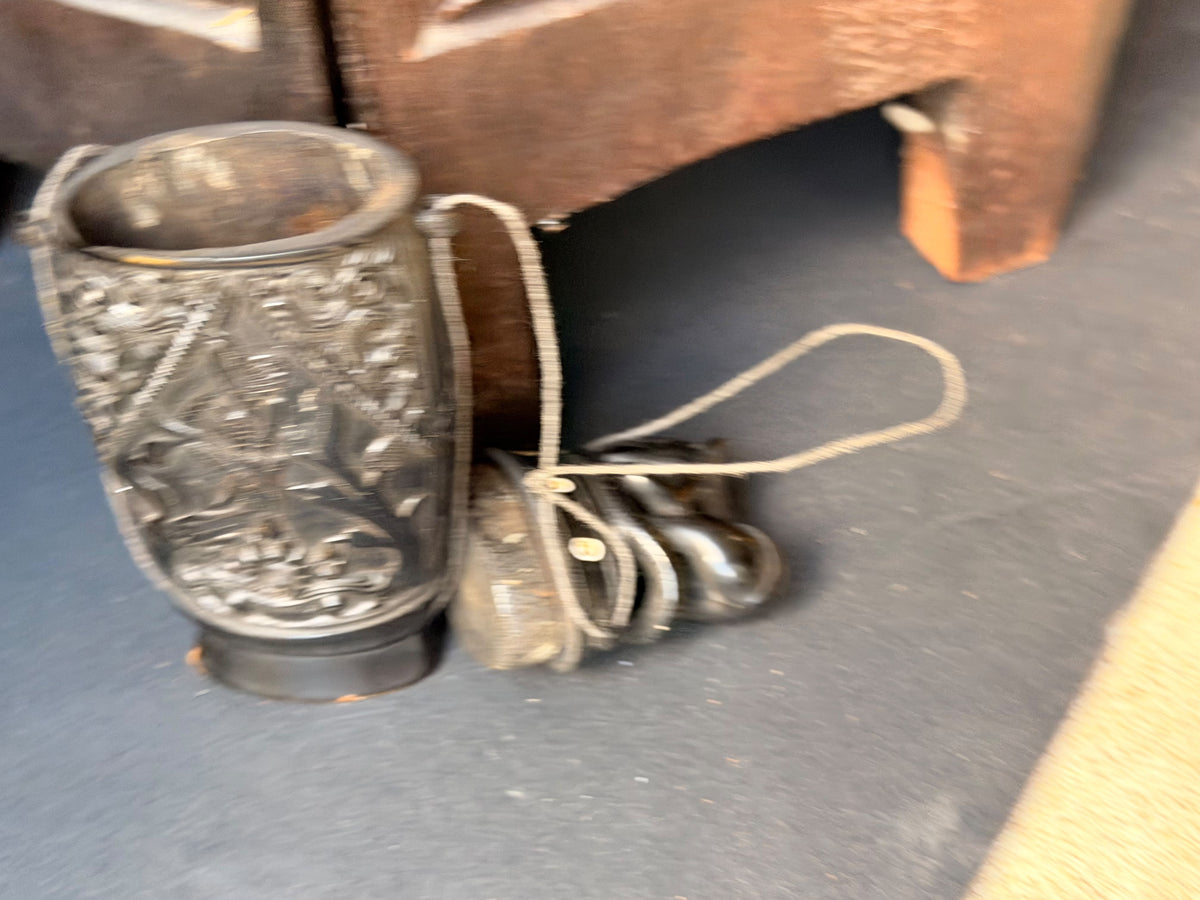 Vintage Balinese Carved Buffalo Horn Medicine Flask Monkey Naga Stopper 5.8in