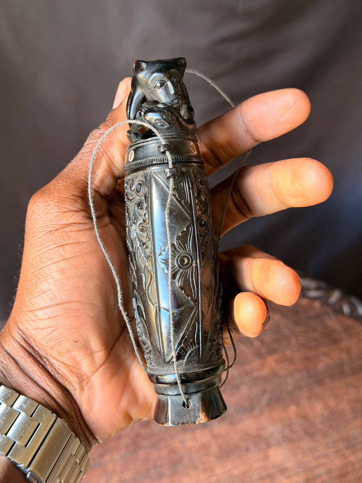 Vintage Balinese Carved Buffalo Horn Medicine Flask Monkey Naga Stopper 5.8in