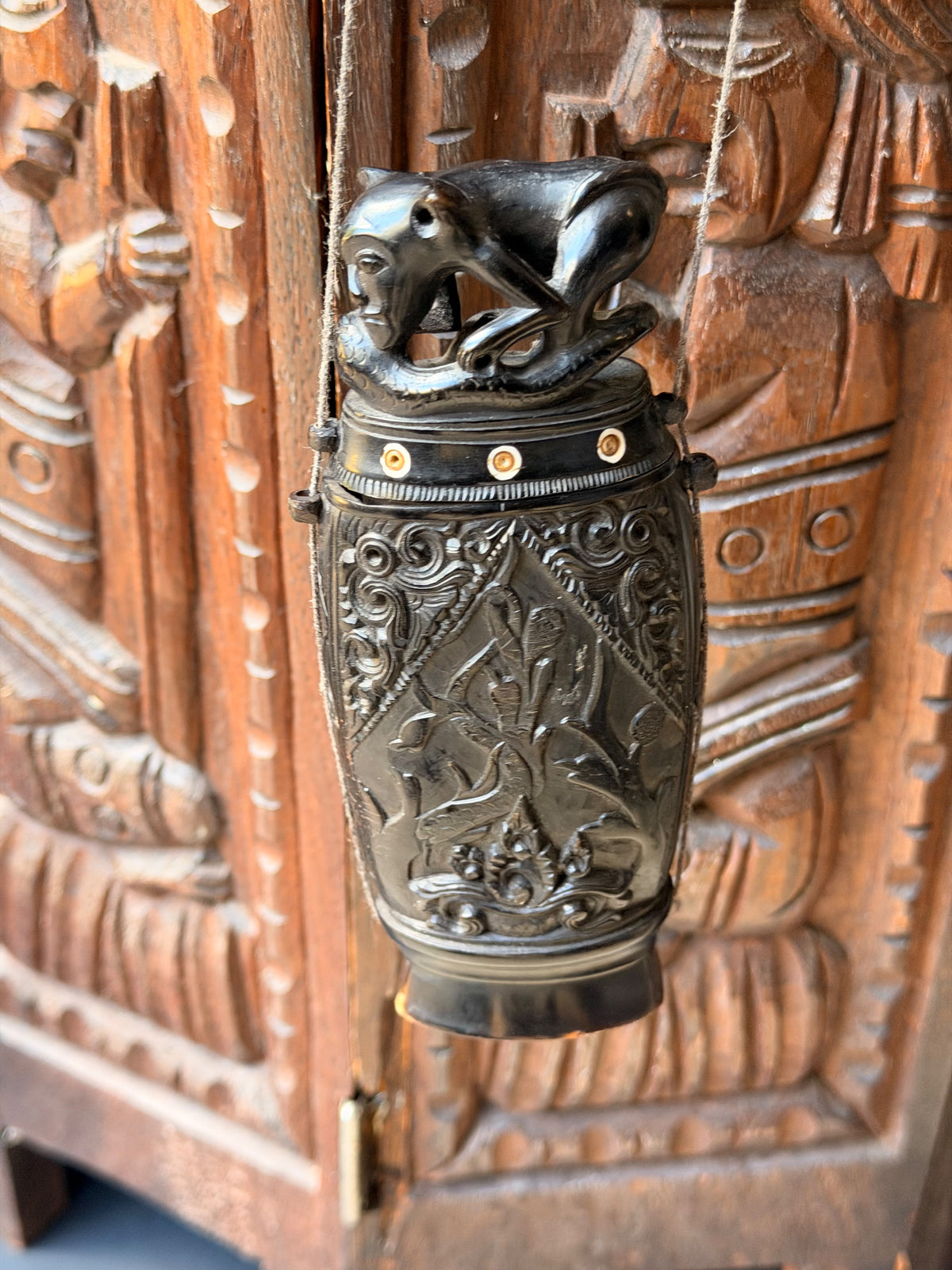 Vintage Balinese Carved Buffalo Horn Medicine Flask Monkey Naga Stopper 5.8in
