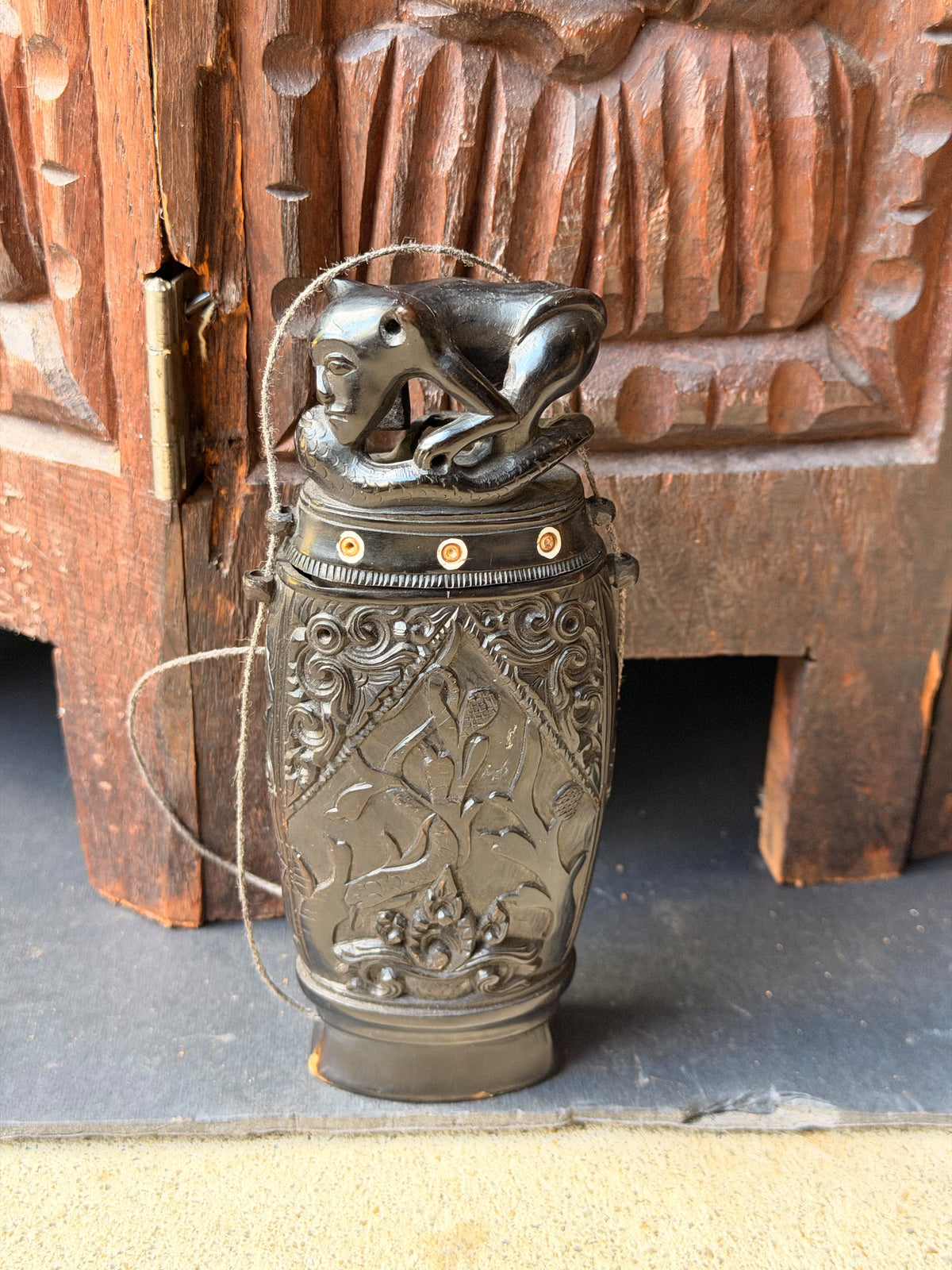 Vintage Balinese Carved Buffalo Horn Medicine Flask Monkey Naga Stopper 5.8in