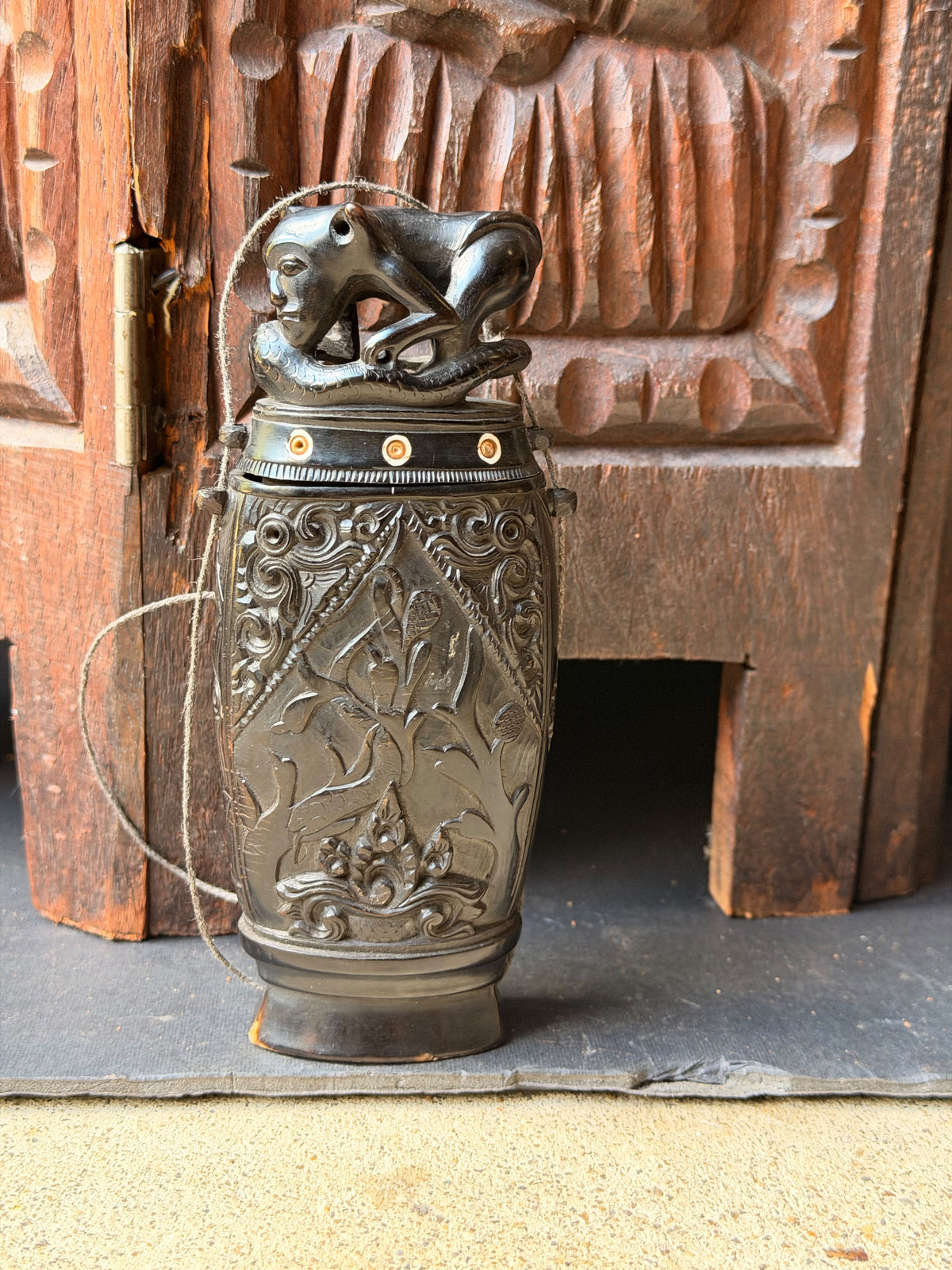 Vintage Balinese Carved Buffalo Horn Medicine Flask Monkey Naga Stopper 5.8in