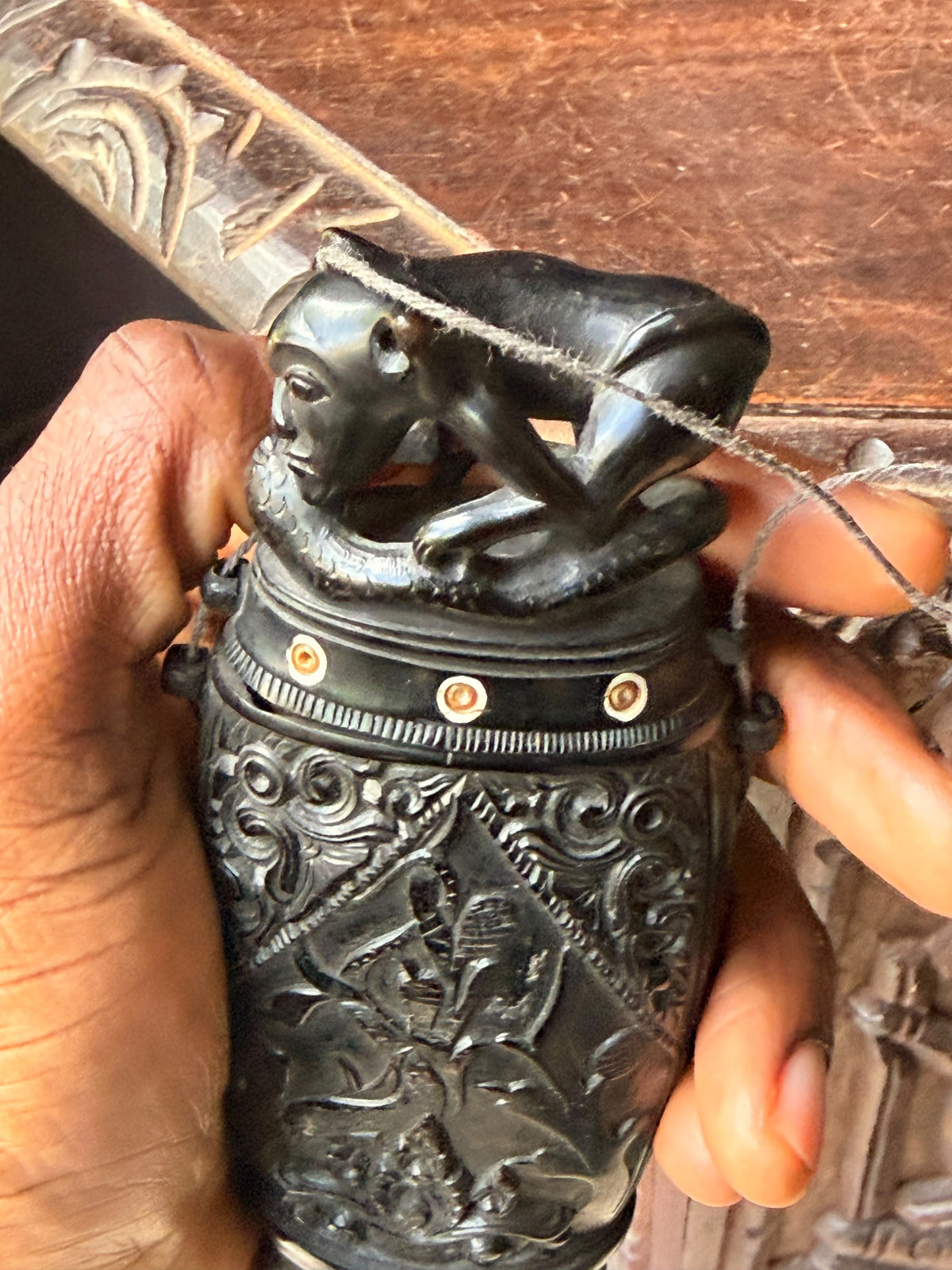 Vintage Balinese Carved Buffalo Horn Medicine Flask Monkey Naga Stopper 5.8in