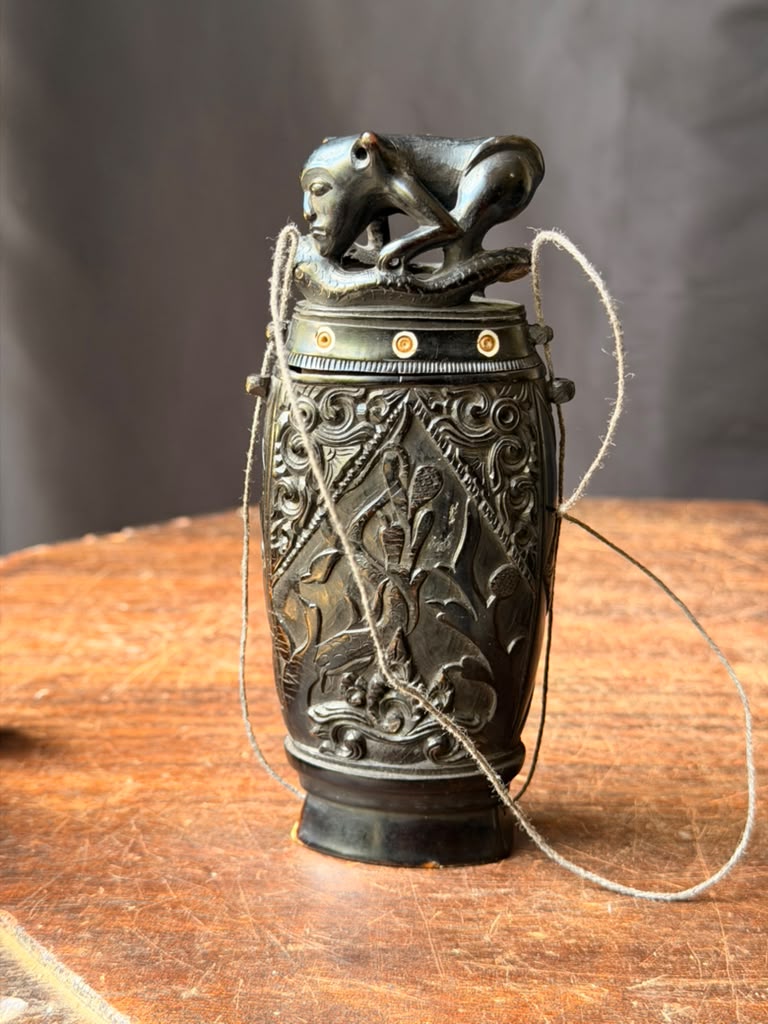 Vintage Balinese Carved Buffalo Horn Medicine Flask Monkey Naga Stopper 5.8in
