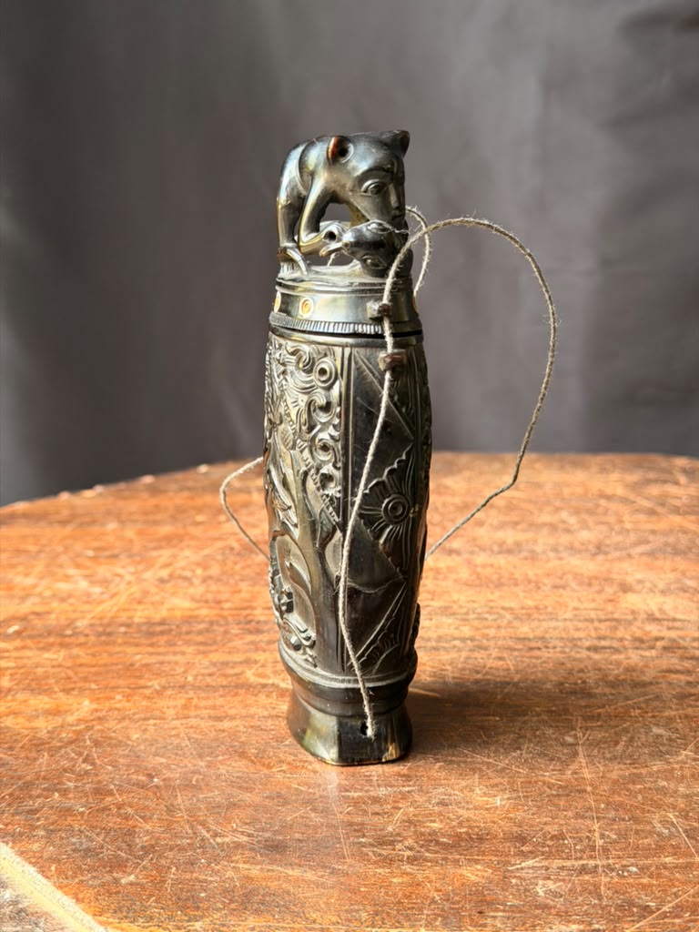 Vintage Balinese Carved Buffalo Horn Medicine Flask Monkey Naga Stopper 5.8in