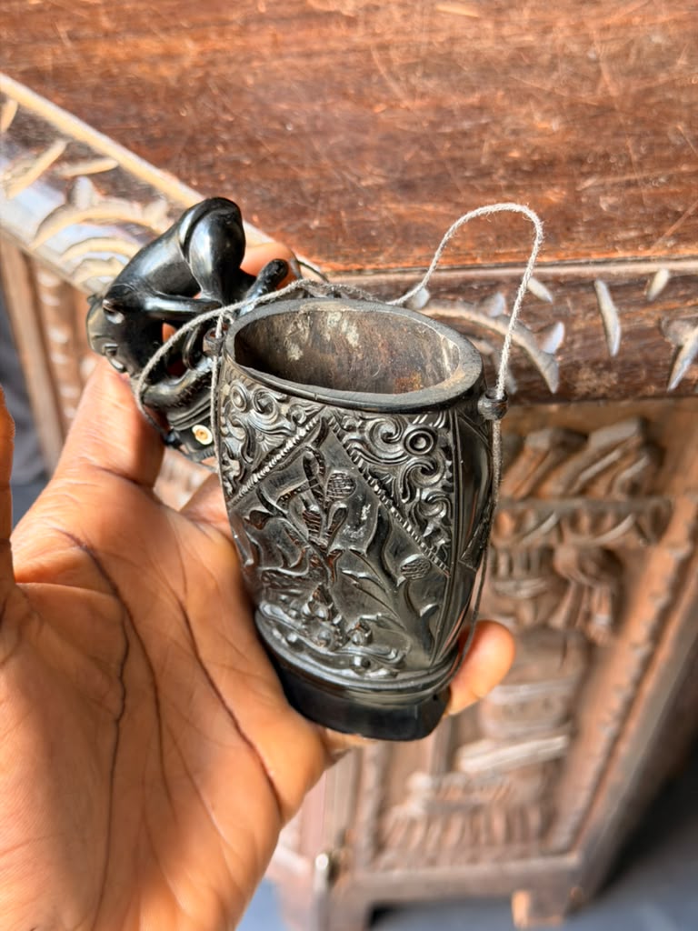 Vintage Balinese Carved Buffalo Horn Medicine Flask Monkey Naga Stopper 5.8in