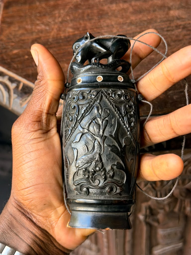 Vintage Balinese Carved Buffalo Horn Medicine Flask Monkey Naga Stopper 5.8in