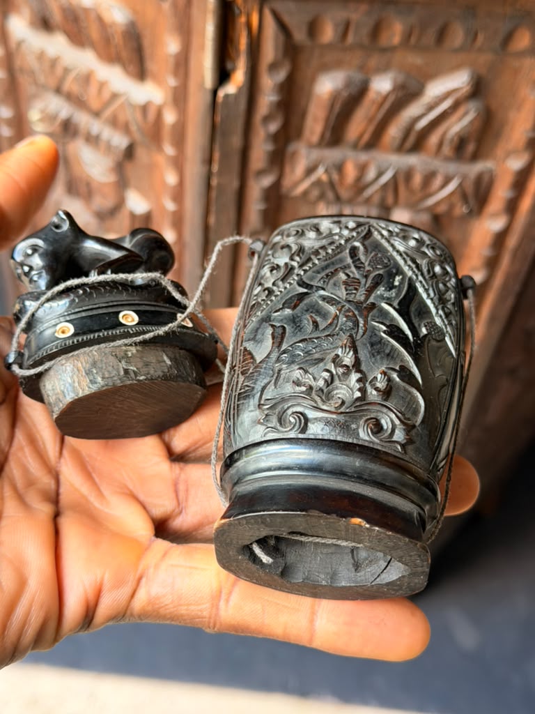 Vintage Balinese Carved Buffalo Horn Medicine Flask Monkey Naga Stopper 5.8in