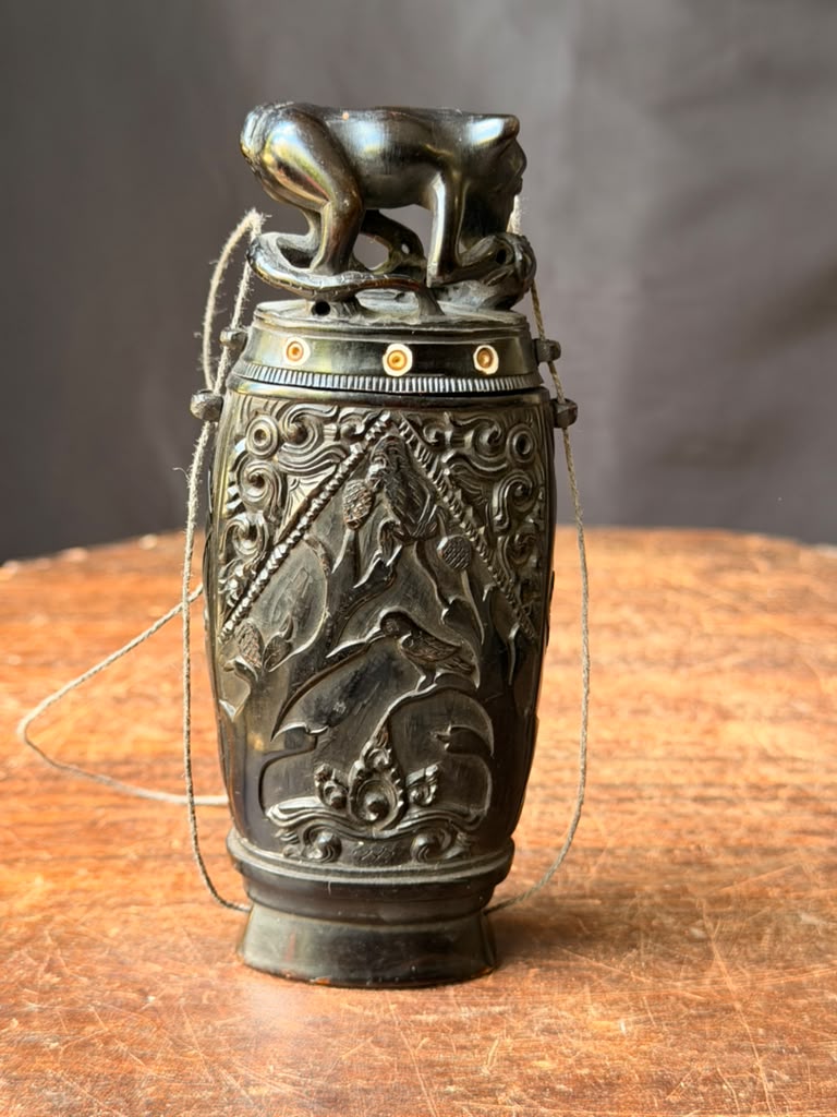 Vintage Balinese Carved Buffalo Horn Medicine Flask Monkey Naga Stopper 5.8in