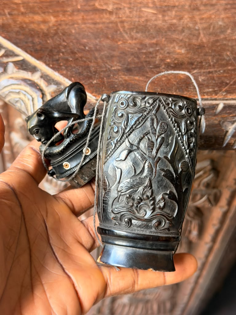 Vintage Balinese Carved Buffalo Horn Medicine Flask Monkey Naga Stopper 5.8in