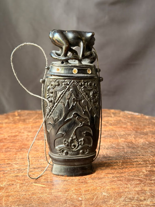 Vintage Balinese Carved Buffalo Horn Medicine Flask Monkey Naga Stopper 5.8in