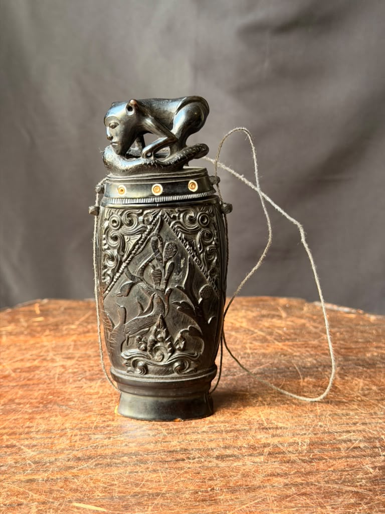 Vintage Balinese Carved Buffalo Horn Medicine Flask Monkey Naga Stopper 5.8in