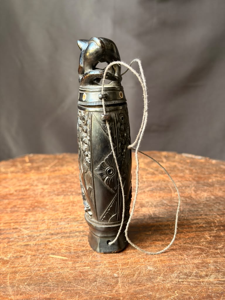 Vintage Balinese Carved Buffalo Horn Medicine Flask Monkey Naga Stopper 5.8in