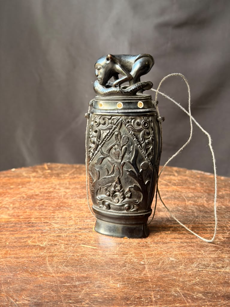 Vintage Balinese Carved Buffalo Horn Medicine Flask Monkey Naga Stopper 5.8in