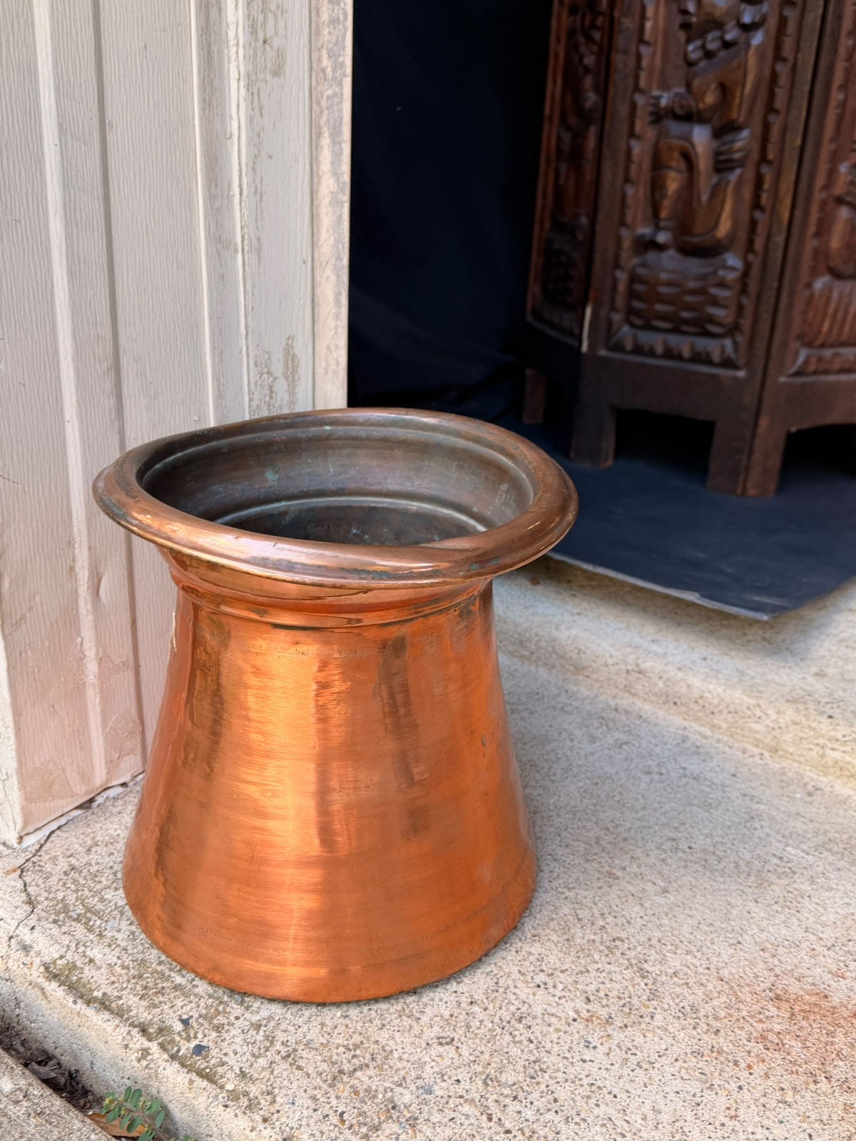 Antique Indian Tinned Copper Water Vessel Rolled Rim Pouring Lip Pot 8.5in