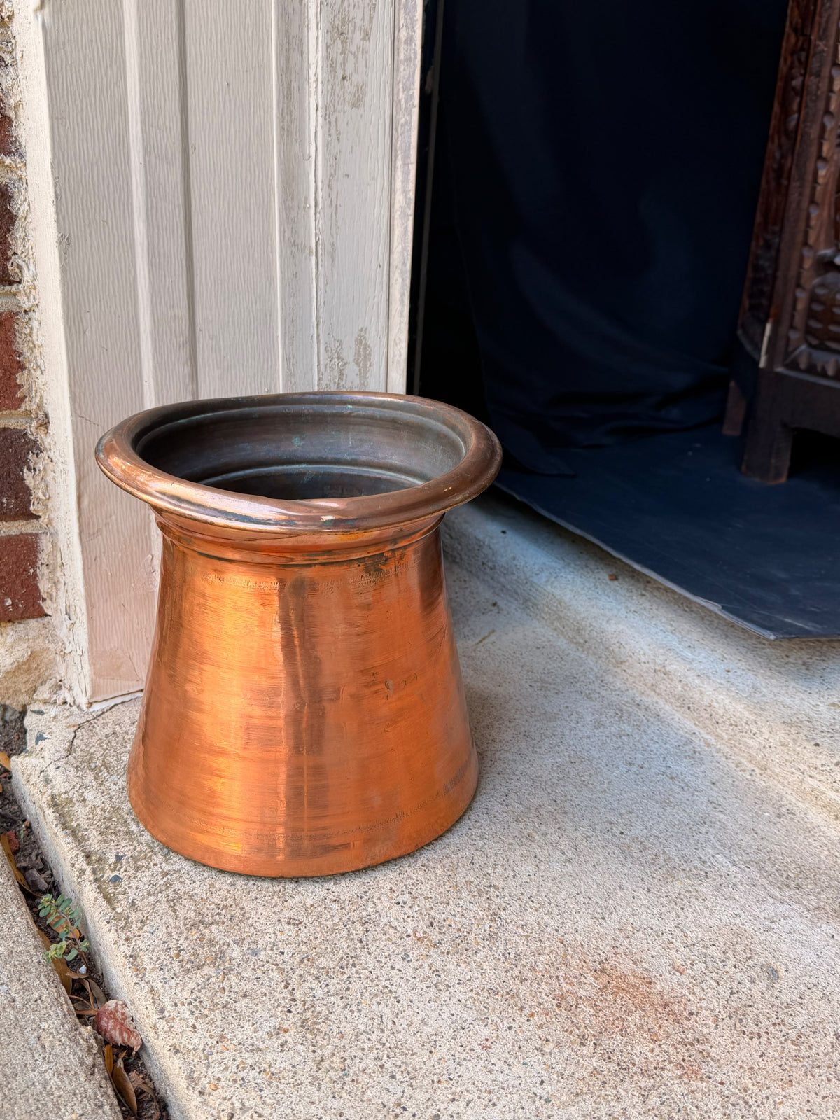 Antique Indian Tinned Copper Water Vessel Rolled Rim Pouring Lip Pot 8.5in