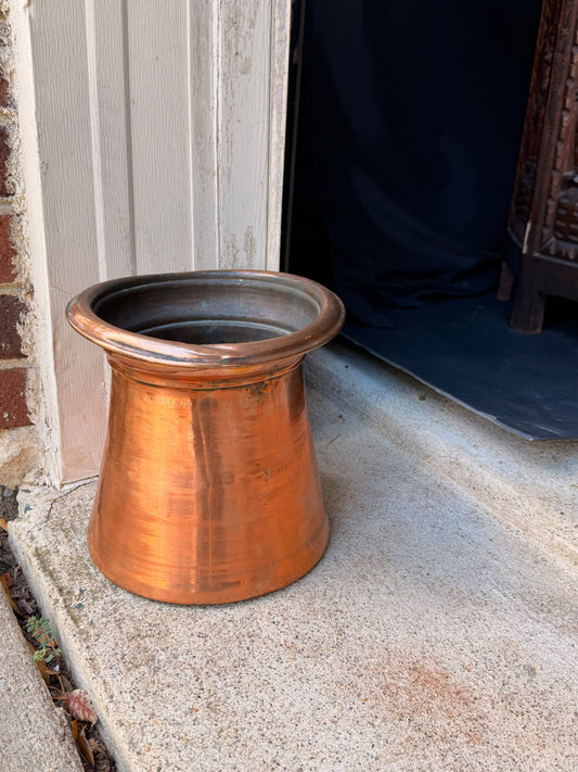 Antique Indian Tinned Copper Water Vessel Rolled Rim Pouring Lip Pot 8.5in