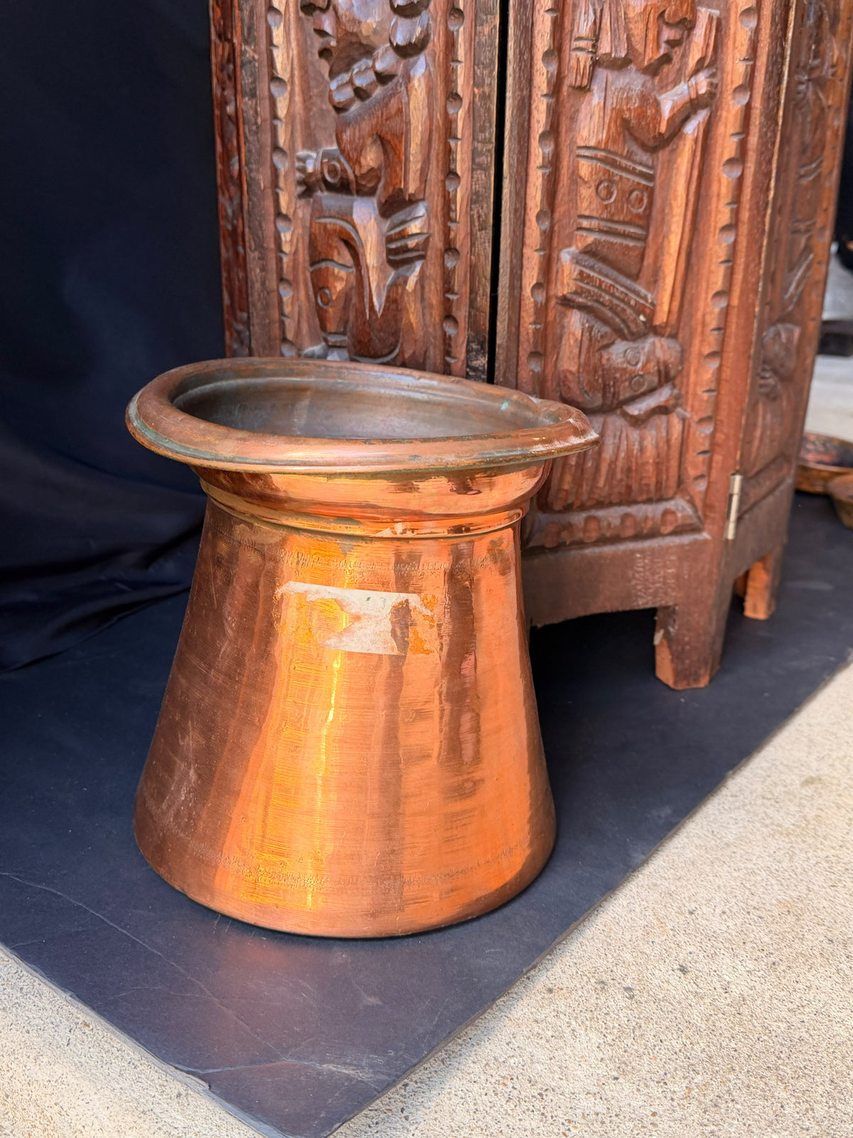 Antique Indian Tinned Copper Water Vessel Rolled Rim Pouring Lip Pot 8.5in