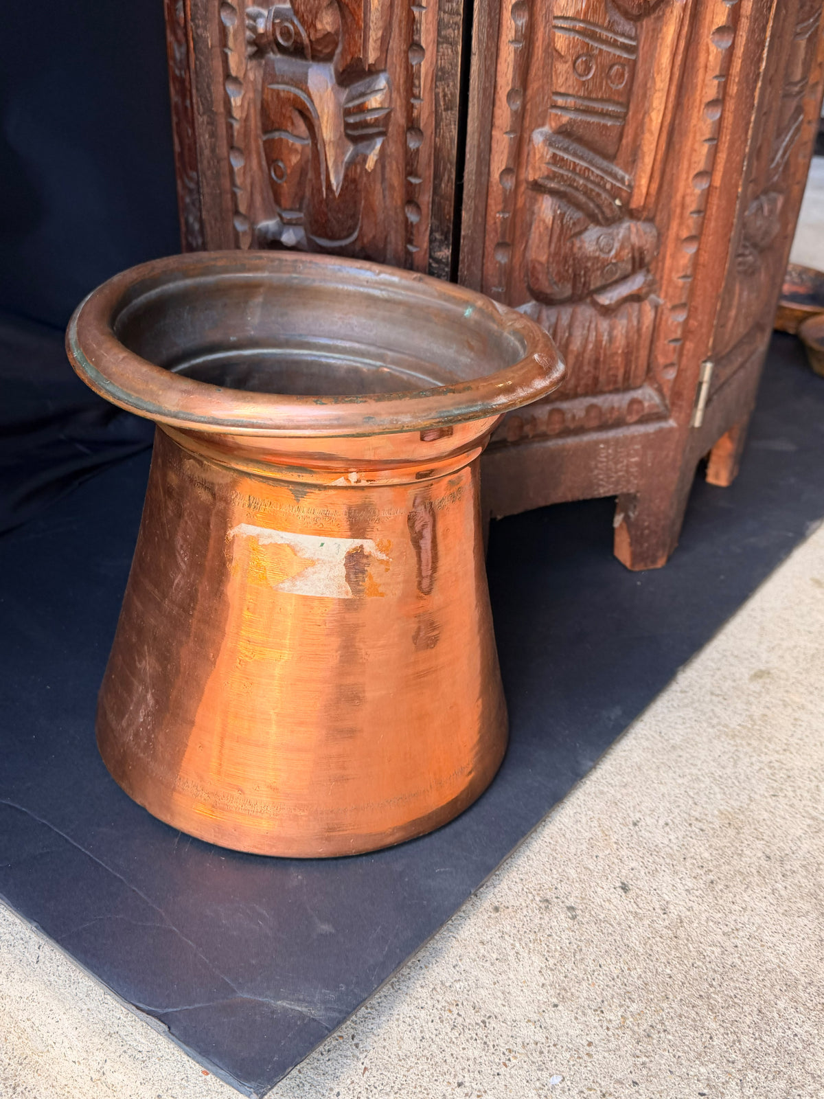Antique Indian Tinned Copper Water Vessel Rolled Rim Pouring Lip Pot 8.5in