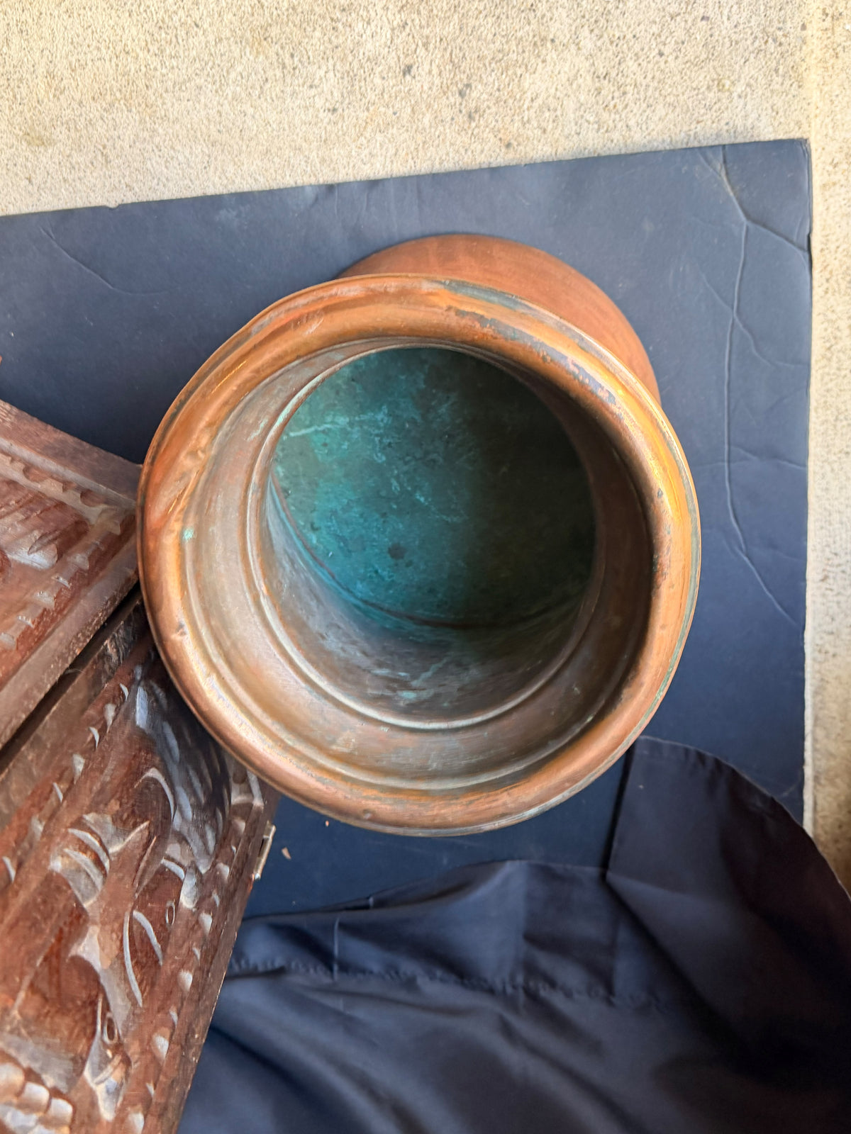 Antique Indian Tinned Copper Water Vessel Rolled Rim Pouring Lip Pot 8.5in