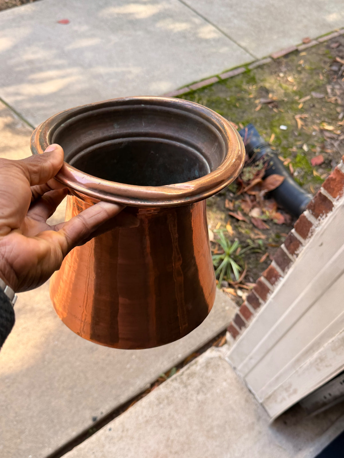 Antique Indian Tinned Copper Water Vessel Rolled Rim Pouring Lip Pot 8.5in
