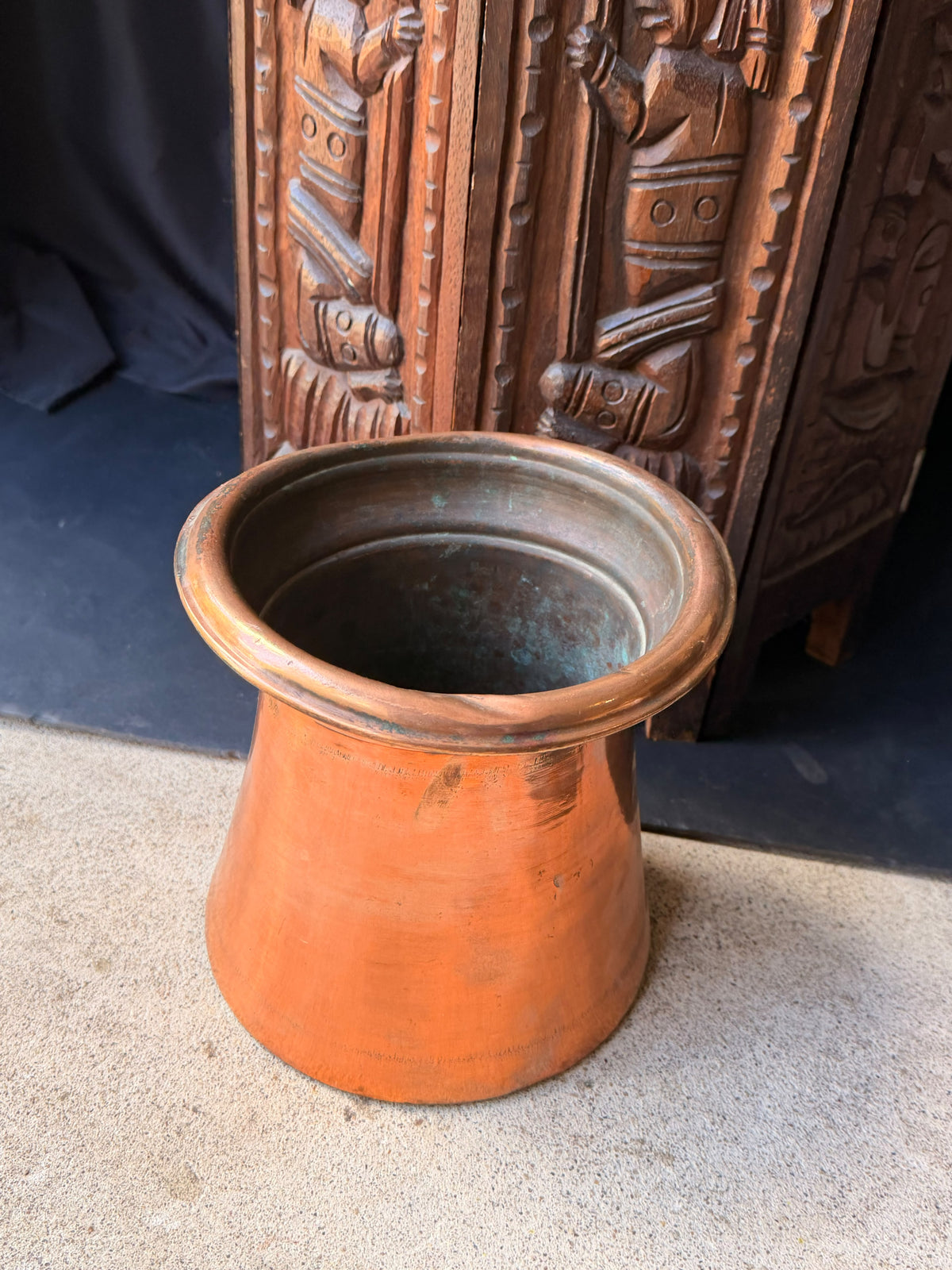Antique Indian Tinned Copper Water Vessel Rolled Rim Pouring Lip Pot 8.5in